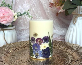 Handmade Purple/Violet Pressed Flower Pillar Candle: Botanical Soy Wax Candle