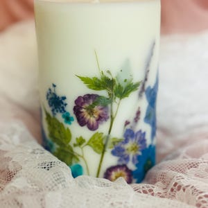 Purple/Blue/Teal Custom Pressed Flower Botanical Pillar Candle. Pillar Candle w Flowers, Candle w Real Flowers, Flower Candle