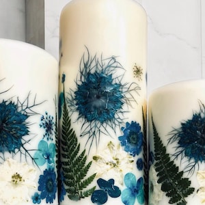 Blue Pressed Flower Botanical Pillar Candle Relaxation Gift Birthday flower gift ideas Gift idea for women Decorative candle wedding candle
