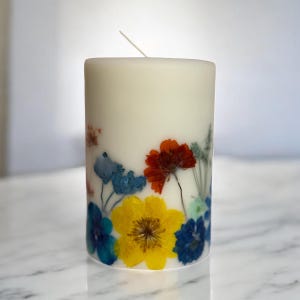 Custom Blue Yellow Orange Teal Pressed Flower Botanical Pillar Candle. Pillar Candle w Flowers, Candle w Real Flowers, Flower Candle