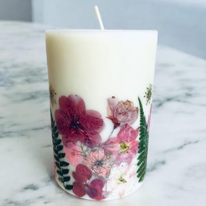 Custom 4.5 Inch Handmade Flower Candle Real Pressed Flowers and Greenery.  Gift for Mother&#39;s Day Birthday, Wedding Party Table
