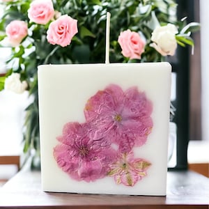 Square 3 Inch Hand Pressed Cherry Blossom Botanical Candle. Pressed Real Flower Candle. Gifts, Mother&#39;s Day, Birthday, Anniversary