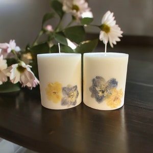 Blue/Yellow Custom Cherry Blossom Botanical Pillar Candle. Gift for Mother&#39;s Day, Birthday, Anniversary, Housewarming, Bridal, Wedding Decor