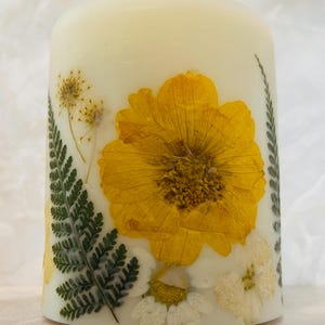 Yellow Custom Handmade Decorative Botanical Pillar Candle Pressed Flower Candle, Pillar Flower Candle, Wedding Candle