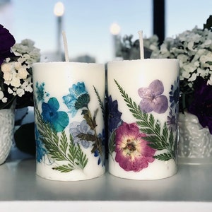 Custom Small Hand Pressed Flower Pillar Candle. Gifts under 15, Mother&#39;s Day, Birthday, Anniversary, Housewarming 2&quot; x 3&quot;