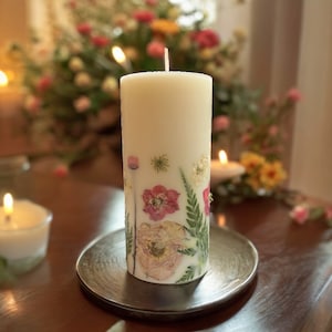 3.5 &quot; x 6.5&quot; Ex large Handmade custom decorative botanical pillar candle with pressed flowers.  Pressed Flower Candle, Candle w Real Flowers