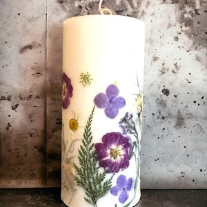 PurpleViolet Custom Handmade Decorative Botanical Pillar Candle Pressed Flowers Gift Idea Women Birthday Housewarming Wedding Candle Natural