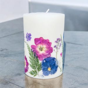 4.5&quot; Custom Handmade Decorative Botanical Pillar Candle Pressed Flowers. Gift Idea Women Birthday Housewarming Wedding Candle Natural Mother