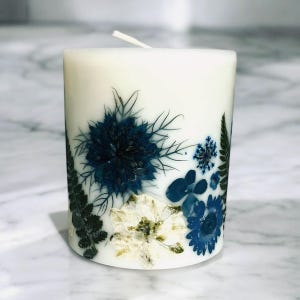 Blue Teal Cream Custom Handmade Decorative Botanical Pillar Candle with Pressed Flowers. Flower Candle, Pillar Flower Candle, 3&quot; 4&quot; 6&quot;