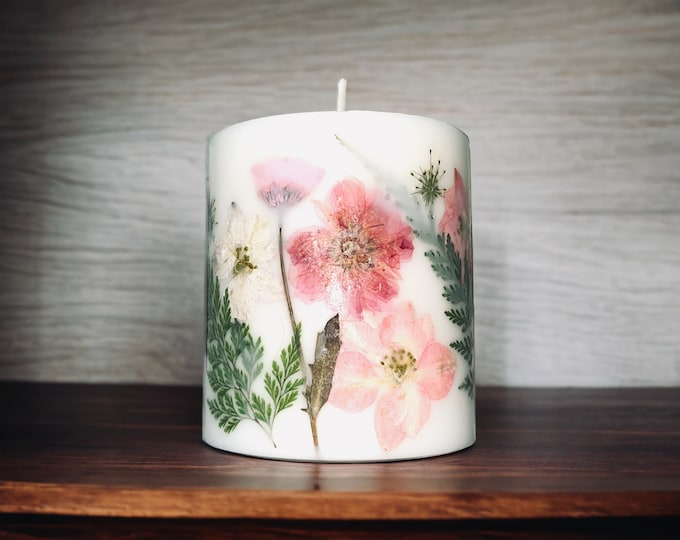 Pink Pressed Flower Botanical Pillar Candle. Gifts under 15, Mother's Day gift, Birthday, Anniversary or Housewarming gift.