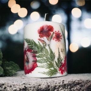 Custom Red Pressed Flower Pillar Candle. Gifts under 15, Mother&#39;s Day gift, Birthday, Anniversary or Housewarming gift
