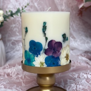 Purple/Teal/Blue 3 Inch Pressed Flower Botanical Pillar Candle. Gifts Mother&#39;s Day gift, Birthday, Anniversary or Housewarming gift.