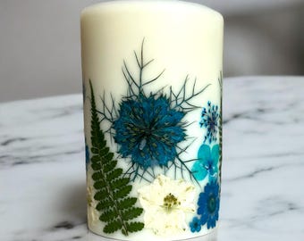 Pressed Flower Pillar Candle: 4.5 Inch Handmade Botanical Candle.