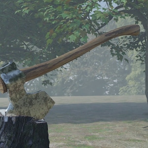 May include: A weathered axe with a wooden handle rests on a tree stump in a foggy forest setting.