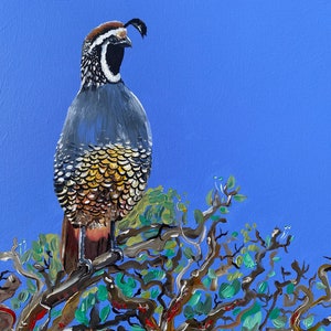 Californische kwartelprint | Art Deco | Kwartelschilderij | Kleurrijk vogelschilderij