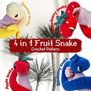 May include: Four crochet amigurumi fruit snake patterns: banana, strawberry, apple, and blueberry. Each snake is a different colour and has a cute face.