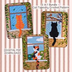 May include: A 3 in 1 bundle cat tapestry crochet pattern digital PDF download featuring three rectangular wall hangings. Each shows a cat sitting on a windowsill looking out at different scenes: an orange cat, a black cat, and a calico cat.