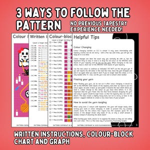 K&ouml;nnte beinhalten: Eine H&auml;kelanleitung mit dem Titel "3 Ways to Follow the Pattern" und dem Text "No Previous Tapestry Experience Needed!". Die Anleitung enth&auml;lt schriftliche Anweisungen, eine Farbblocktabelle und eine Grafik. Auf der linken Seite befindet sich ein pixeliges Bild eines Huhns.