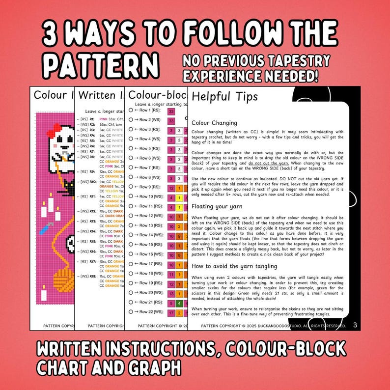 K&ouml;nnte beinhalten: Eine H&auml;kelanleitung mit dem Titel "3 Ways to Follow the Pattern" und dem Text "No Previous Tapestry Experience Needed!". Die Anleitung enth&auml;lt schriftliche Anweisungen, eine Farbblocktabelle und eine Grafik. Auf der linken Seite befindet sich ein pixeliges Bild eines Huhns.