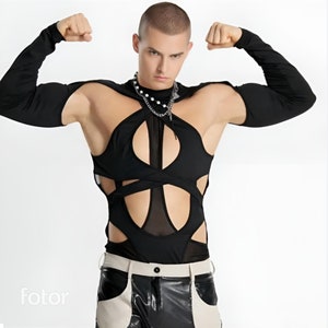 Men's Rave Cut-out Mesh Patchwork Festival Deconstruction Bodysuit | Rebellious LGBTQIA+ Design