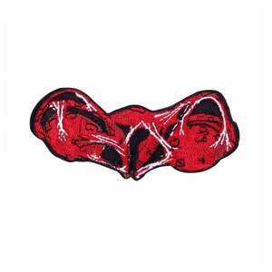 May include: Red embroidered patch with a detailed design of a skull and crossbones. The skull is in a stylized, almost skeletal, form with a black outline.