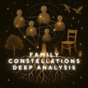 May include: Illustration with a dark background featuring a tree with roots and a crown of connected figures, representing a family tree. The text "FAMILY CONSTELLATIONS DEEP ANALYSIS" is at the base. A chair, birds, candles, and stars are also present.
