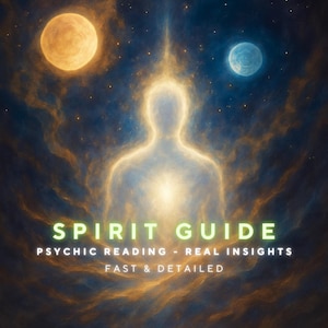 Puede incluir: Ilustración digital de una silueta humana luminosa, con una luz brillante que emana del pecho. El fondo es una escena cósmica con dos cuerpos celestes y el texto "SPIRIT GUIDE, PSYCHIC READING - REAL INSIGHTS, FAST & DETAILED."
