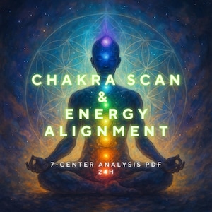 Può includere: Opera d'arte digitale raffigurante una figura in meditazione con punti chakra luminosi. Il testo "CHAKRA SCAN & ENERGY ALIGNMENT" è visualizzato, insieme a "7-CENTER ANALYSIS PDF 24H". Lo sfondo presenta un design celeste con un motivo geometrico.
