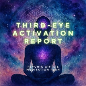 May include: A digital artwork depicting a meditating figure with a glowing third eye and chest chakra. The text "THIRD-EYE ACTIVATION REPORT" is in neon green, with "PSYCHIC GIFTS & MEDITATION PLAN" below. The background is a cosmic scene.