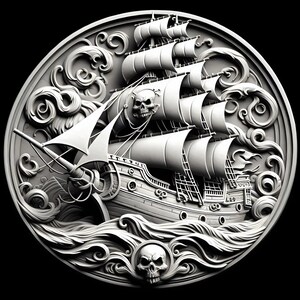 May include: A silver pirate ship coin with a skull and crossbones on the sail, surrounded by stylized waves and clouds.