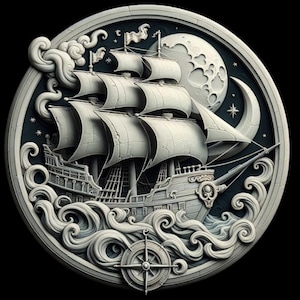 May include: A circular, grey, stone-like relief sculpture of a ship sailing under a crescent moon and stars. The ship has a skull and crossbones on the bow and a compass rose below it.