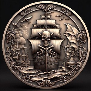 Op de afbeelding: Een zilveren munt met een gedetailleerde gravure van een piratenschip met een schedel en gekruiste beenderen aan de voorkant. Het schip vaart op een ruwe zee met golven die eromheen breken. De munt is omgeven door een decoratieve rand.