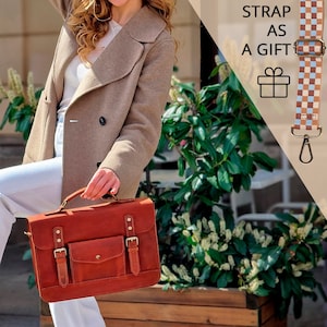 Personalized Leather Laptop Bag, Crossbody Leather Briefcase with Monogram, Leather Handbag, MacBook Leather Bag, Women&#39;s Leather Briefcase