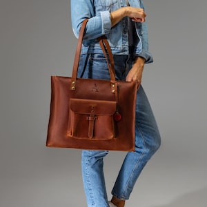 Ladies leather laptop bag, large tote bag with outside pocket, classic women bag with long handles, personalized bag for her