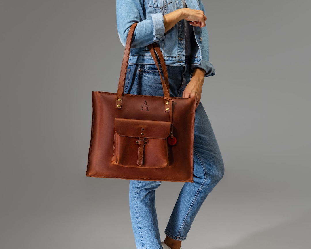 Ladies Leather Laptop Bag Large Tote Bag With Outside Pocket Etsy