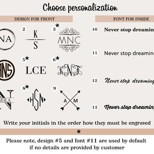 May include: Image showing options for personalized designs and fonts. Includes various monogram designs, initials, and the phrase "Never stop dreaming" in different fonts. Instructions are provided for customization.