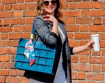 Personalized Tote Bag for Women with Name, Large Leather Tote Bag, Blue Tote Bag with Monogram, Student Laptop Bag, Gift for Her