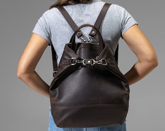 Convertible Leather Backpack foe Women with Name & Secret Message Inside, Stylish Work Bag, Laptop Leather Backpack, Women&#39;s City Backpack