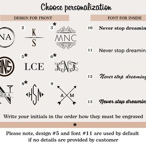 May include: A graphic showing 13 different monogram designs and 4 font styles for personalization. The text "Never stop dreaming" is shown in each font style. The text "Please note, design #5 and font #11 are used by default if no details are provided by customer" is also shown.