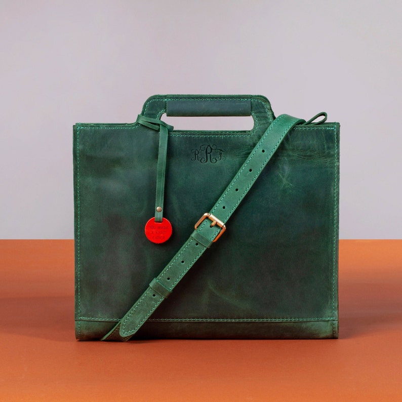 Personalized laptop leather green bag with engraved initials on front side. Custom bag for 15 macbook. Gift for her.