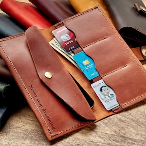 Cartera de cuero personalizada, cartera hecha a mano, cartera grande para mujer, cartera para teléfono, tarjetero de cuero, regalo para esposa