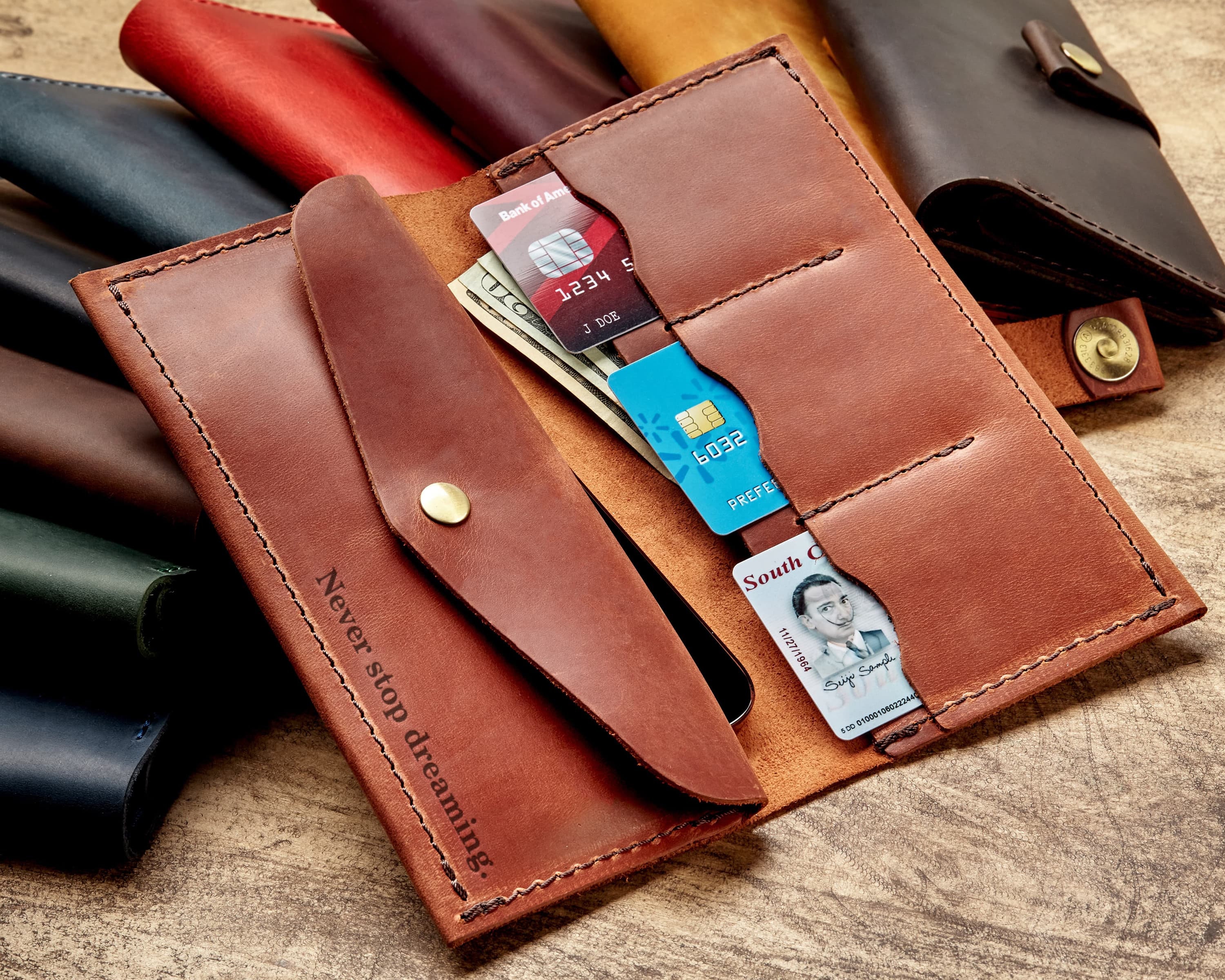 Large custom handmade leather wallet light brown for women's