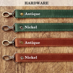 May include: Four leather straps with metal clasps and stitching. The straps are labeled "Antique" and "Nickel". Two straps are green and two are brown.