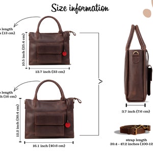 May include: A brown leather satchel bag with a top handle and an adjustable shoulder strap. The bag has a front pocket and measures 13.7 inches wide by 10.5 inches tall. The strap length is adjustable from 39.4 to 47.2 inches.