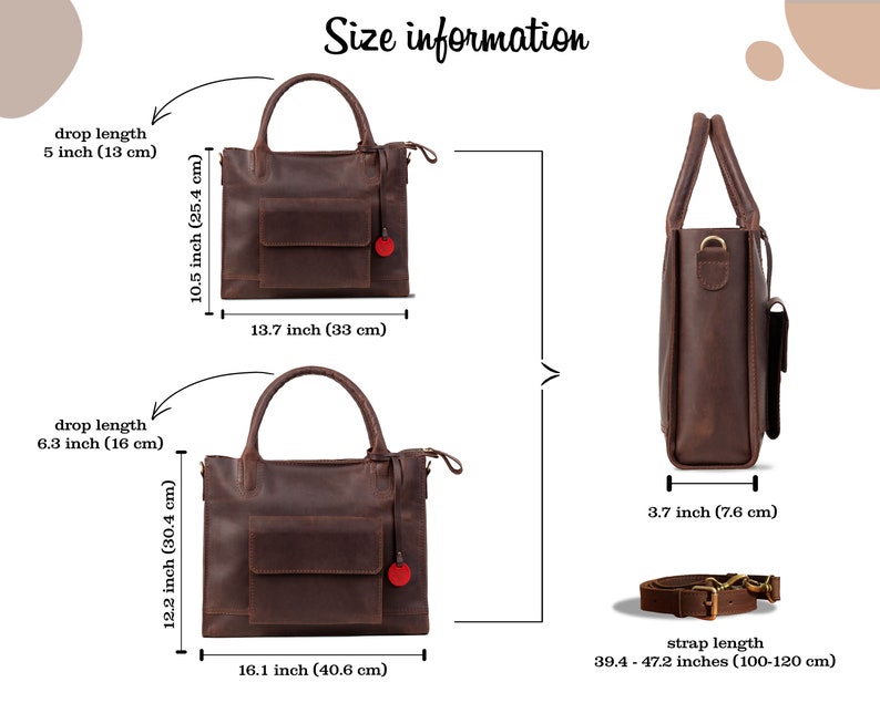 May include: A brown leather satchel bag with a top handle and an adjustable shoulder strap. The bag has a front pocket and measures 13.7 inches wide by 10.5 inches tall. The strap length is adjustable from 39.4 to 47.2 inches.