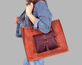 Leather bag tote for work with mixed colors for women, leather two tone bag
