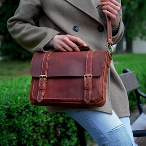 Leather Crossbody Brown Satchel, Messenger Bag Laptop, Womens Briefcase With Monogram, Custom Crossbody Briefcase, Gift for Business Lady