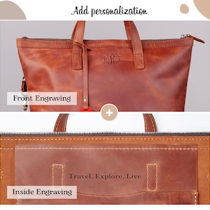 May include: A brown leather tote bag with a zipper closure. The bag has two handles and a front pocket. The front pocket has a monogrammed design. The inside of the bag has a pocket with the text "Travel. Explore. Live" engraved on it.