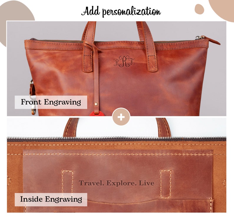 May include: A brown leather tote bag with a zipper closure. The bag has two handles and a front pocket. The front pocket has a monogrammed design. The inside of the bag has a pocket with the text "Travel. Explore. Live" engraved on it.