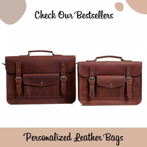 May include: Two brown leather bags with buckles and a front pocket. The text "Check Our Bestsellers" and "Personalized Leather Bags" is visible above and below the bags.